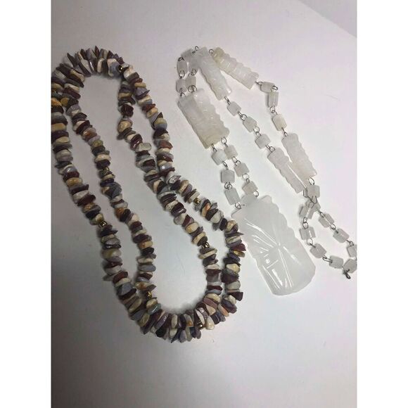 825 Lot of 2 agate boho necklace White agate carved necklace & agate chunk - Picture 3 of 3